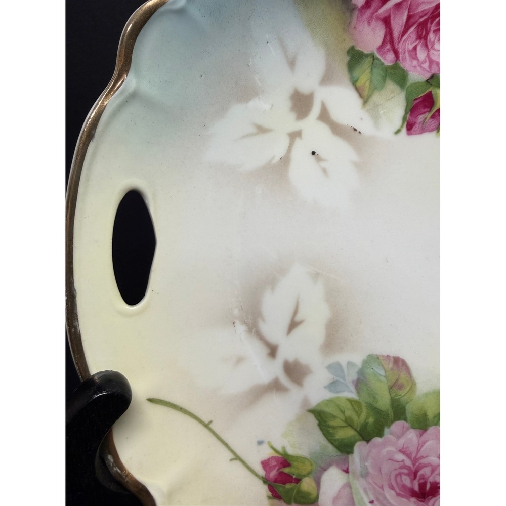 Vintage German Porcelain Handled Cake Plate Hand Painted Pink Roses Gold Trim - Picture 7 of 11